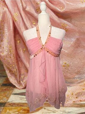 Y2K Pink Halter Babydoll Blouse